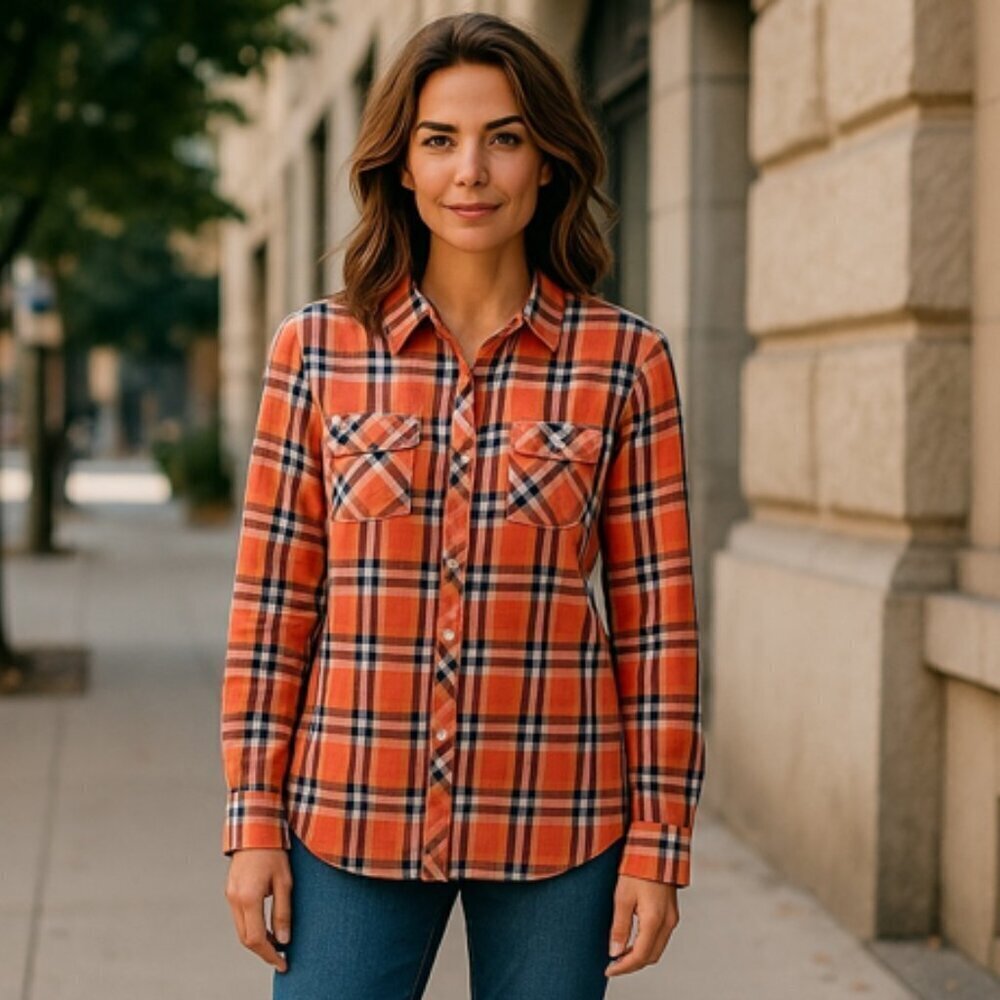 NWT Xiu Yi Fang Women's 42 Shirt Button Down Orange Melon Plaid 100% Cotton NWT